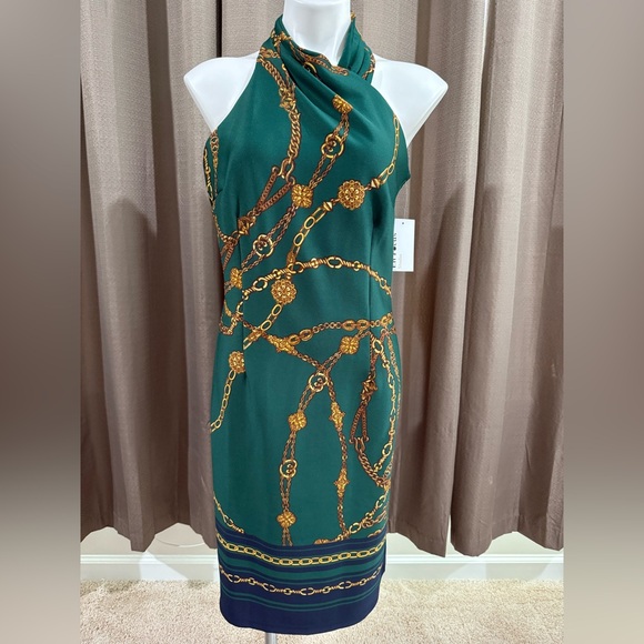 New Enfocus Studio Gold Chain design green haltered dress size 10 - Picture 1 of 9
